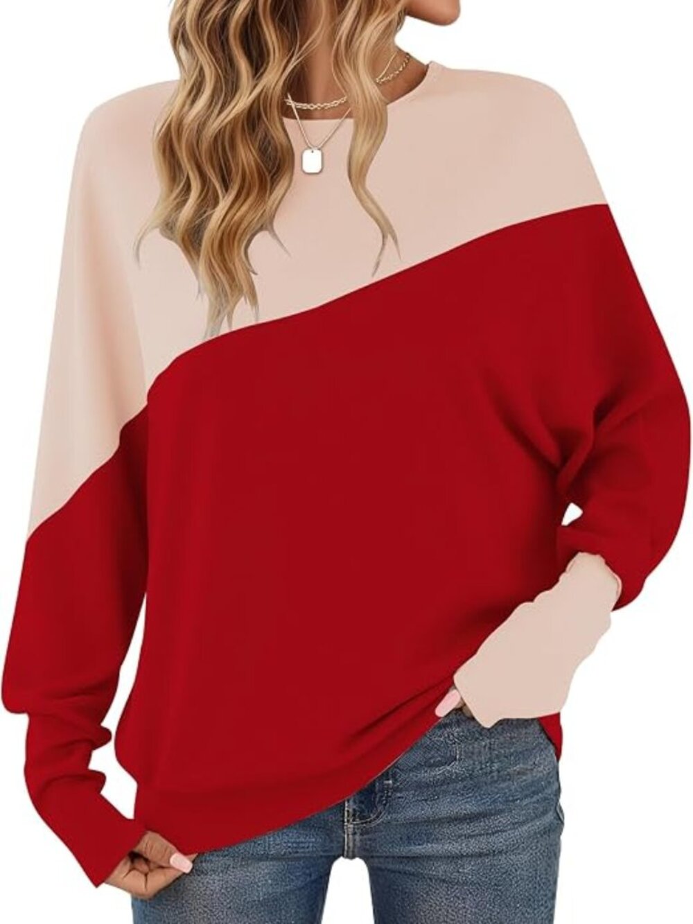 Long Sleeve Shirt Color Block Patchwork Batwing Top - NWT - L